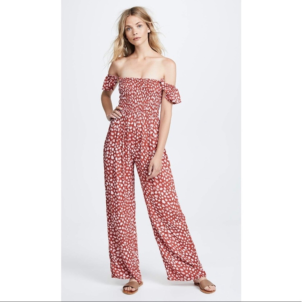 Tiare Hawaii Red Boho Smocked Off Shoulder Wide Leg Jade Jumpsuit Frost Maroon